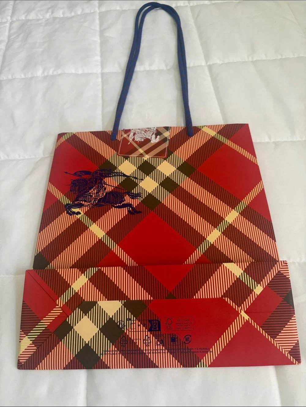 Burberry Red Plaid Tote with Navy Handles 10 x 11“